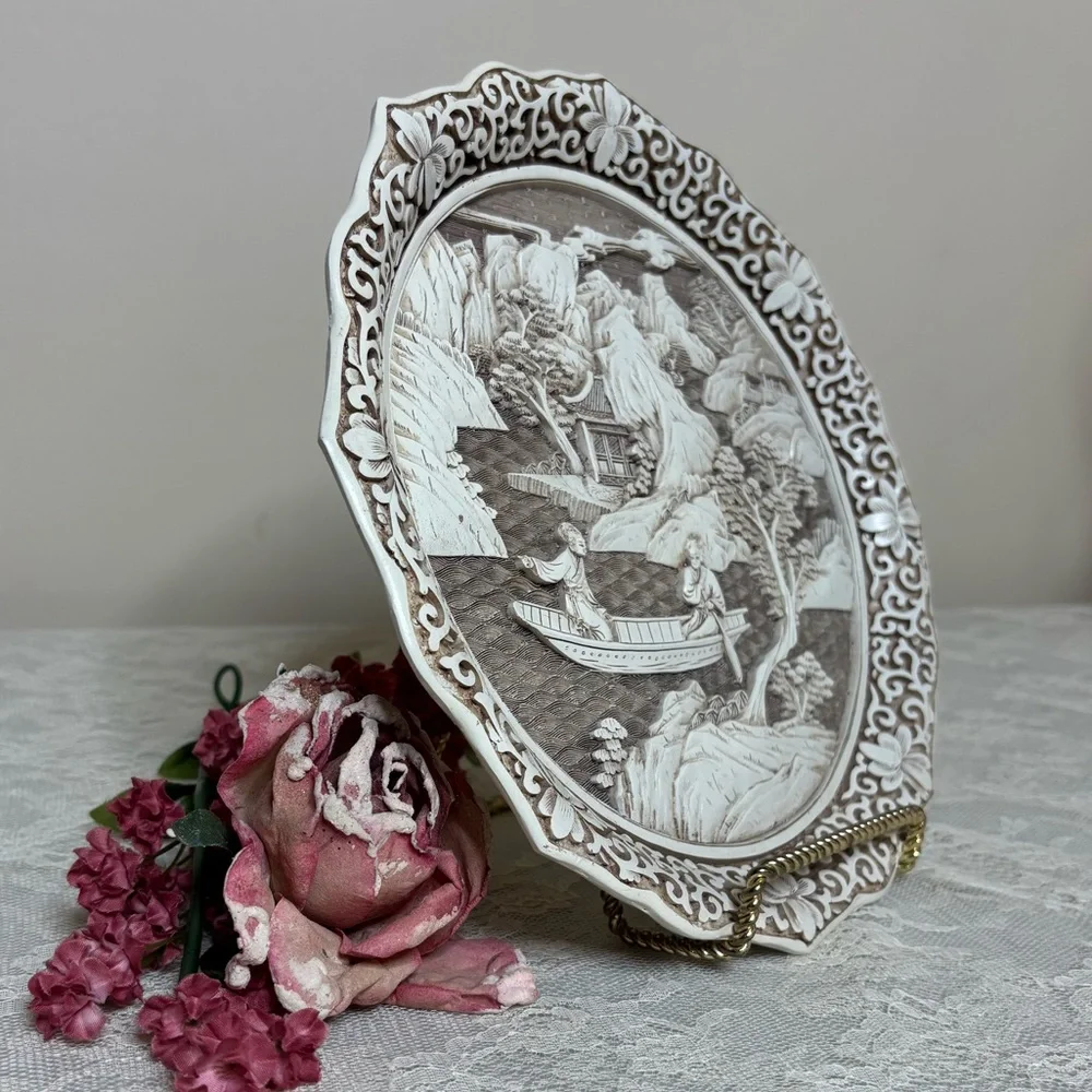 Vintage Asian Plate Ivory Dynasty Carved Art Sculpture Vintage Picture Plate
